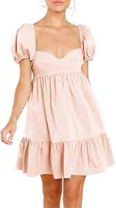 Puff Sleeve Pink Sweetheart Short Sleeve Mini Dress