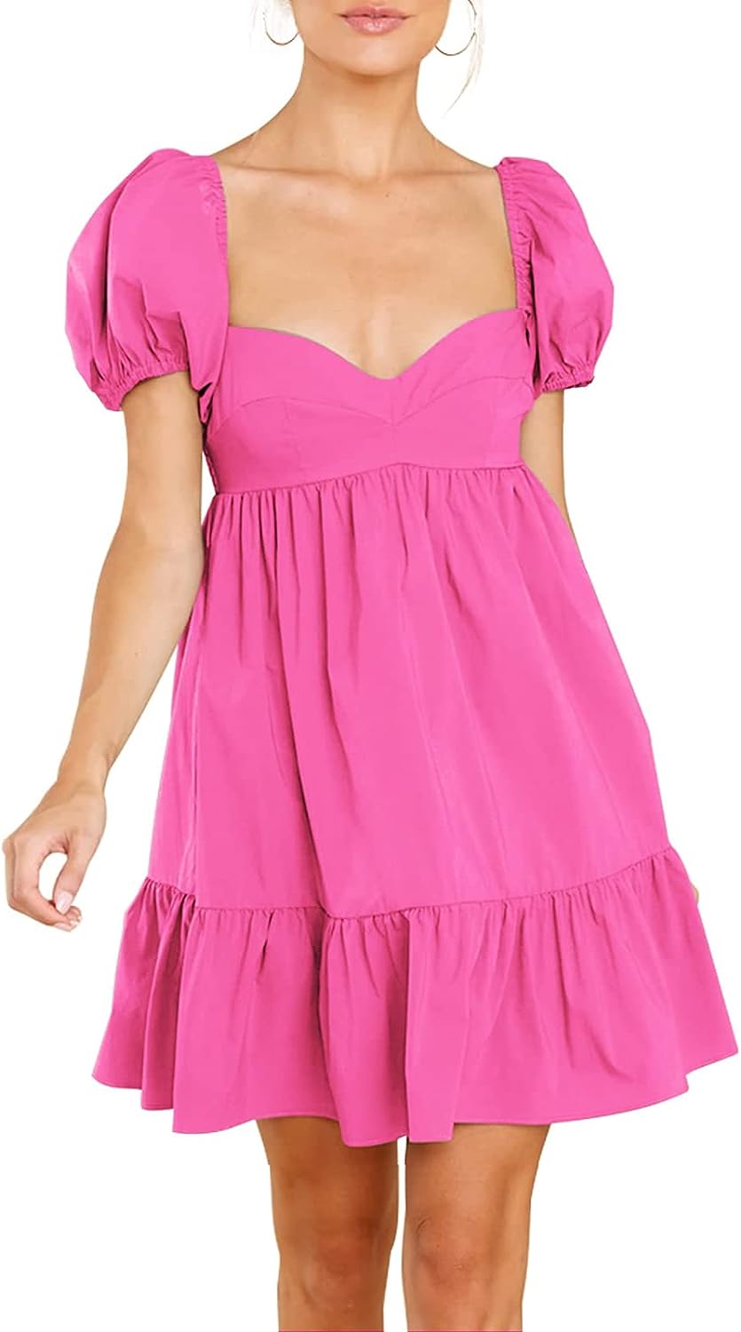 Puff Sleeve Pink Sweetheart Short Sleeve Mini Dress