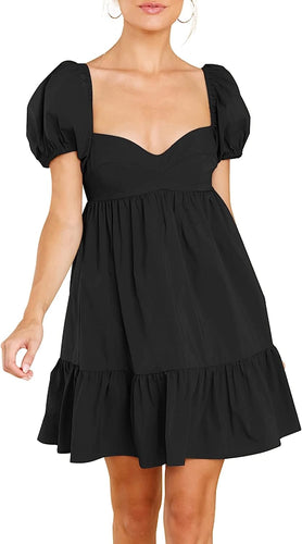 Puff Sleeve Black Sweetheart Short Sleeve Mini Dress