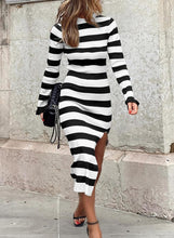 Load image into Gallery viewer, Striped Knit Black/White Long Sleeve Midi Dress