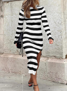 Striped Knit Black/White Long Sleeve Midi Dress