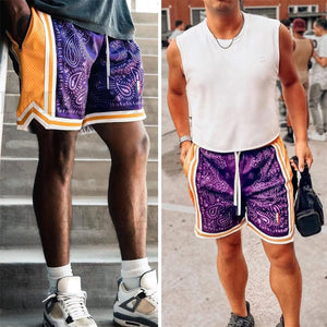 Men's Yellow/Purple Panel Basketball Athletic Elastic Shorts