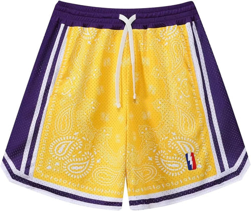 Men's Yellow/Purple Panel Basketball Athletic Elastic Shorts