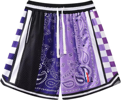 Men's Purple/Black Color Block Panel Basketball Athletic Elastic Shorts