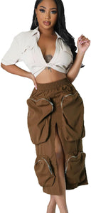 Cargo Chic Army Green Pocketed High Waist Midi Skirt