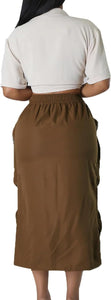 Cargo Chic Khaki Pocketed High Waist Midi Skirt