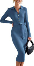 Load image into Gallery viewer, Blue Long Sleeve Rib Knit Belted Midi Dress