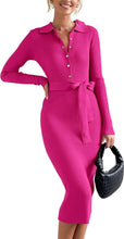 Load image into Gallery viewer, Blue Long Sleeve Rib Knit Belted Midi Dress