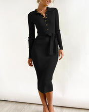 Load image into Gallery viewer, Black Long Sleeve Rib Knit Belted Midi Dress