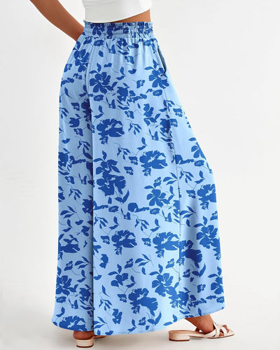 High Waist Blue Floral Printed Wide Leg Pants