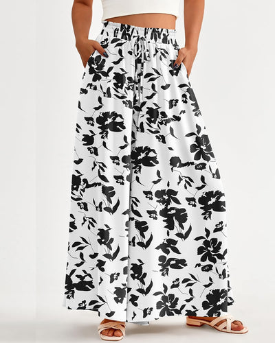 High Waist Black Floral Printed Wide Leg Pants