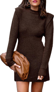 Fashion Chic Beige Long Sleeve Knit Sweater Dress
