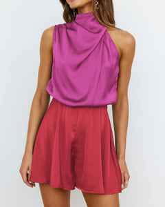 Soft Satin Draped Pink Two Tone Sleeveless Cocktail Romper