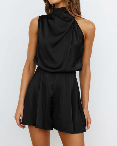 Soft Satin Draped Black Sleeveless Cocktail Romper