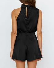 Load image into Gallery viewer, Soft Satin Draped Black Sleeveless Cocktail Romper