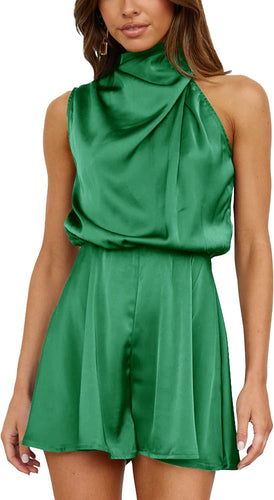 Soft Satin Draped Green Sleeveless Cocktail Romper