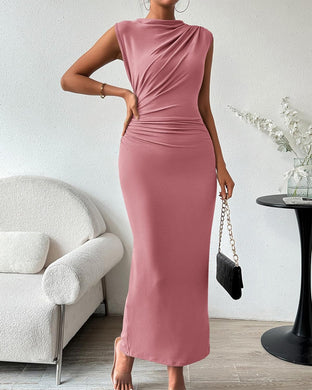 Mauve Pink Ruched Sleeveless Knit Midi Dress