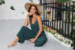 Casual Knit Dotted Green Loose Fit Sleeveless Jumpsuit