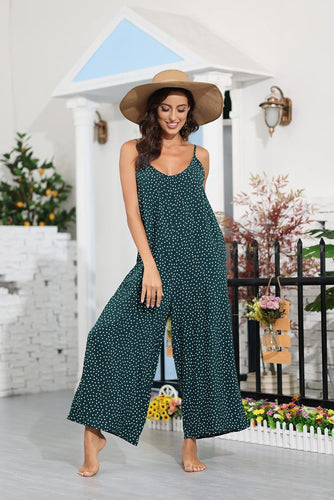 Casual Knit Dotted Green Loose Fit Sleeveless Jumpsuit