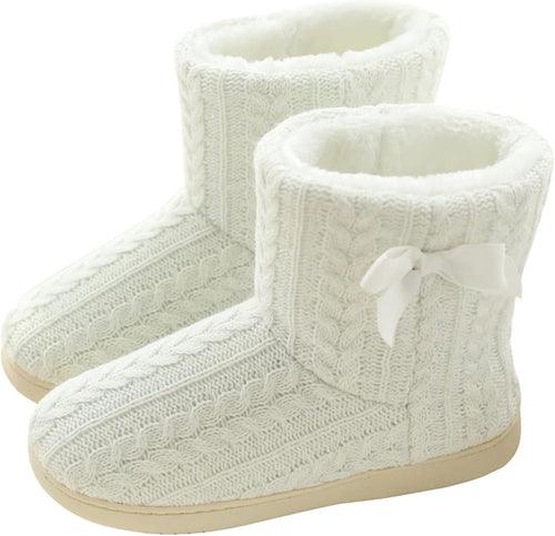 Memory Foam White Plush Knit Furry Bootie Slippers