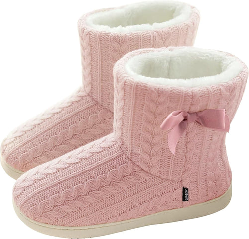 Memory Foam Pink Plush Knit Furry Bootie Slippers