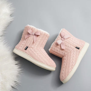 Memory Foam Pink Plush Knit Furry Bootie Slippers