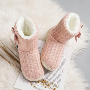 Memory Foam Pink Plush Knit Furry Bootie Slippers