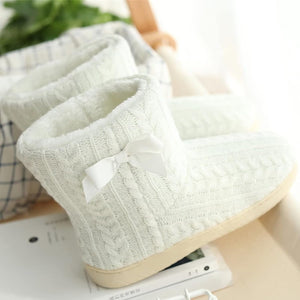 Memory Foam White Plush Knit Furry Bootie Slippers