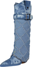 Load image into Gallery viewer, Diamond Textured Blue Denim Knee High Cowboy Boots