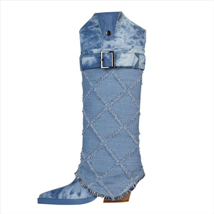 Diamond Textured Blue Denim Knee High Cowboy Boots