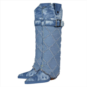 Diamond Textured Blue Denim Knee High Cowboy Boots