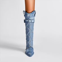 Load image into Gallery viewer, Diamond Textured Blue Denim Knee High Cowboy Boots