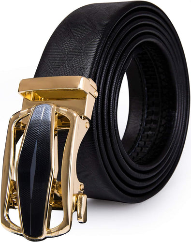 Men's Black/Gold Genuine Leather Belt with Automatic Buckle