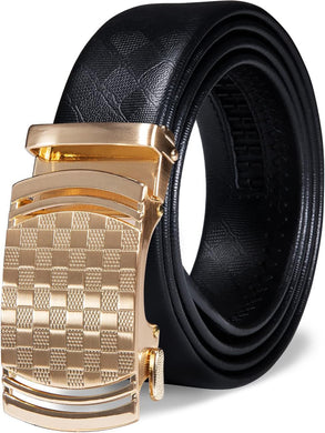 Men's Black Checkered Gold Buckle Genuine Leather Belt
