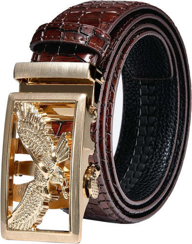 Men's Burgundy Gold Eagle Buckle Genuine Leather Belt