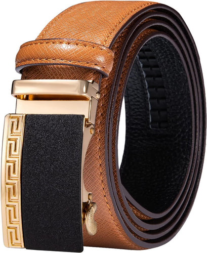 Men's Brown Gold/Black Buckle Genuine Leather Belt