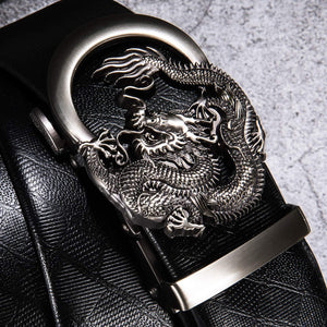 Men's Black w/Silver Dragon Genuine Leather Belt