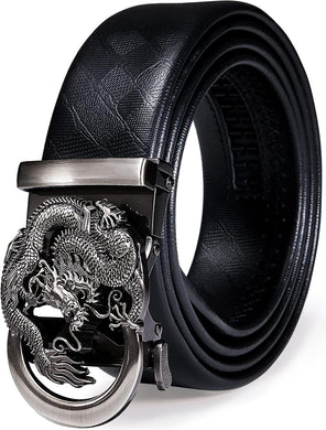 Men's Black w/Silver Dragon Genuine Leather Belt