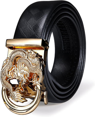 Men's Black Dragon Gold Buckle Genuine Leather Belt