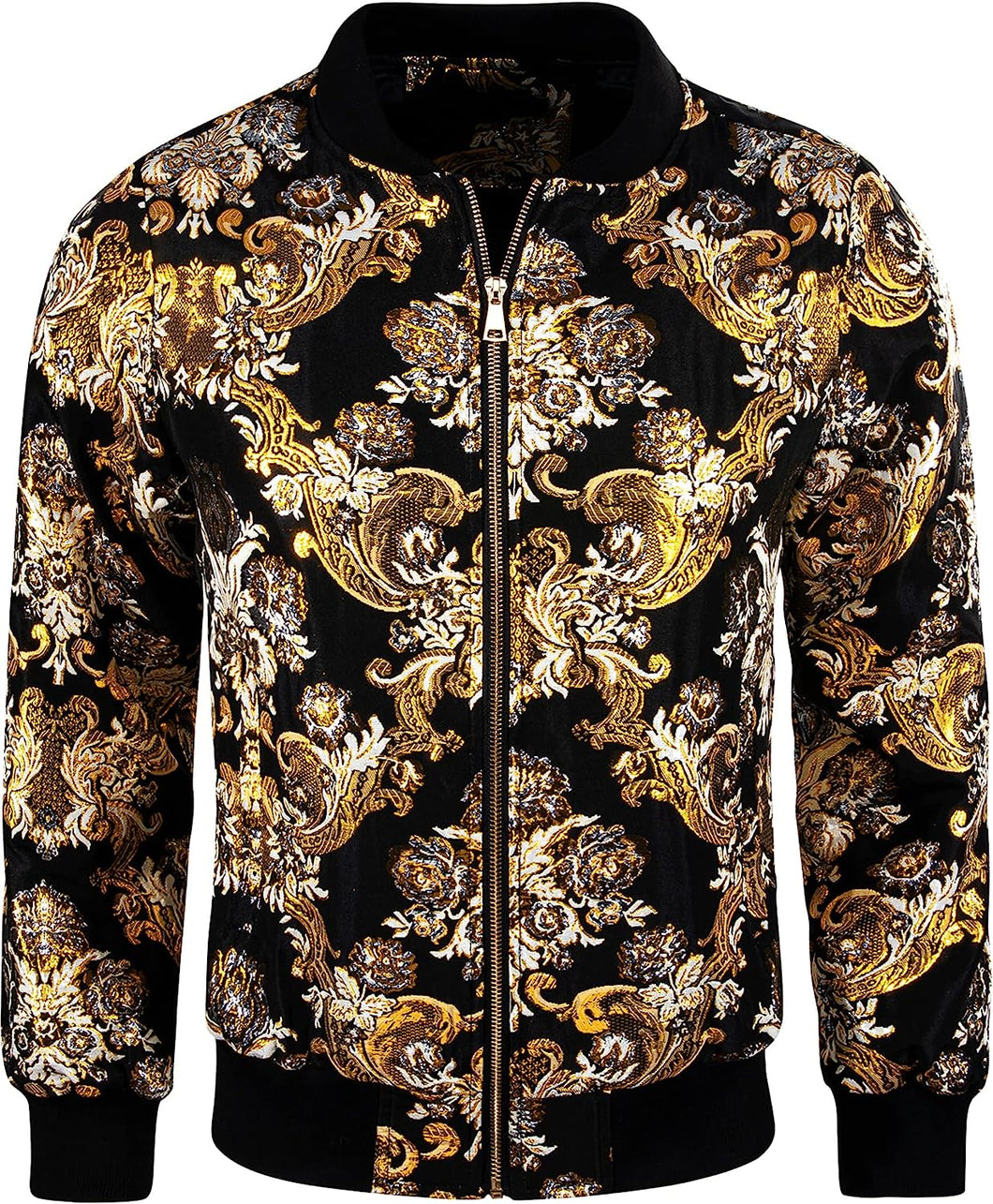 Men's Luxury Designer Style Gold Print Bomber Jacket