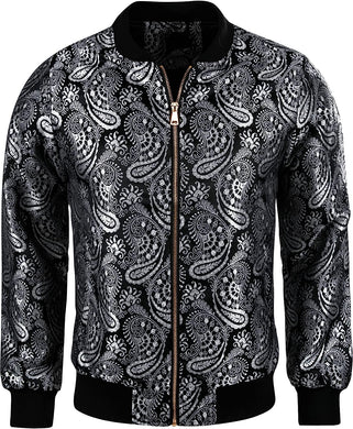 Men's Luxury Designer Style Silver Paisley Bomber Jacket