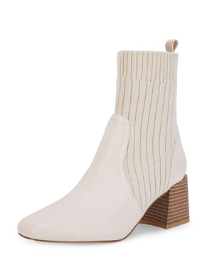 Beige Leather Knit Chunky Heel Ankle Boots