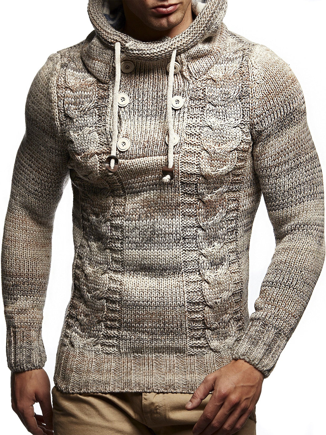 Beige Men's Hooded Cable Knit Long Sleeve Sweater