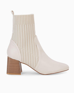 Beige Leather Knit Chunky Heel Ankle Boots
