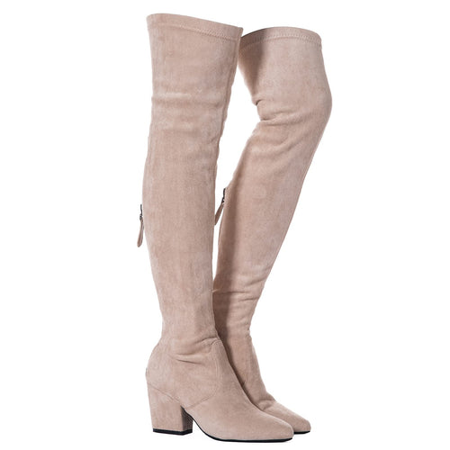 Beige 3 Inch Heel Thigh High Suede Over The Knee Stretch Boot