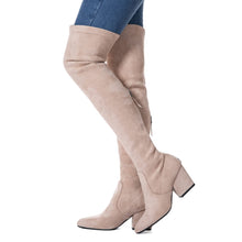 Load image into Gallery viewer, Beige 3 Inch Heel Thigh High Suede Over The Knee Stretch Boot