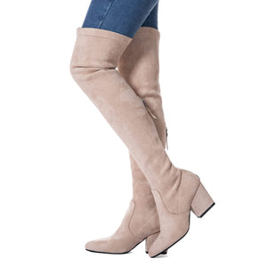 Beige 3 Inch Heel Thigh High Suede Over The Knee Stretch Boot