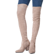 Load image into Gallery viewer, Beige 3 Inch Heel Thigh High Suede Over The Knee Stretch Boot