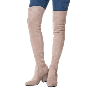 Beige 3 Inch Heel Thigh High Suede Over The Knee Stretch Boot