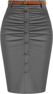 Business Style Beige Belted Button Down Pencil Skirt